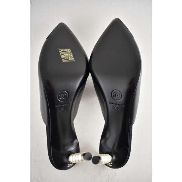 Chanel 20S Paris Rome Pearl Black Leather CC Mule Slide Backless Heel Pump 36.5 - Picture 8 of 8